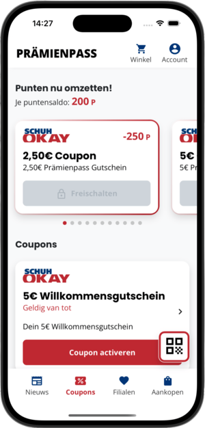 Screenshot van de Nederlandse versie van de SCHUH OKAY beloningspas app in Duitsland.